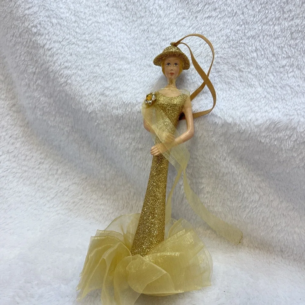 Gold Glitter Dress Figurine Woman Ornament Hat Elegant‎ Sparkle Holiday Decor